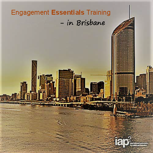 Photo of Brisbane skyline filtered orange with text saying Engagement Design Training in Brisbane and the IAP2 logo